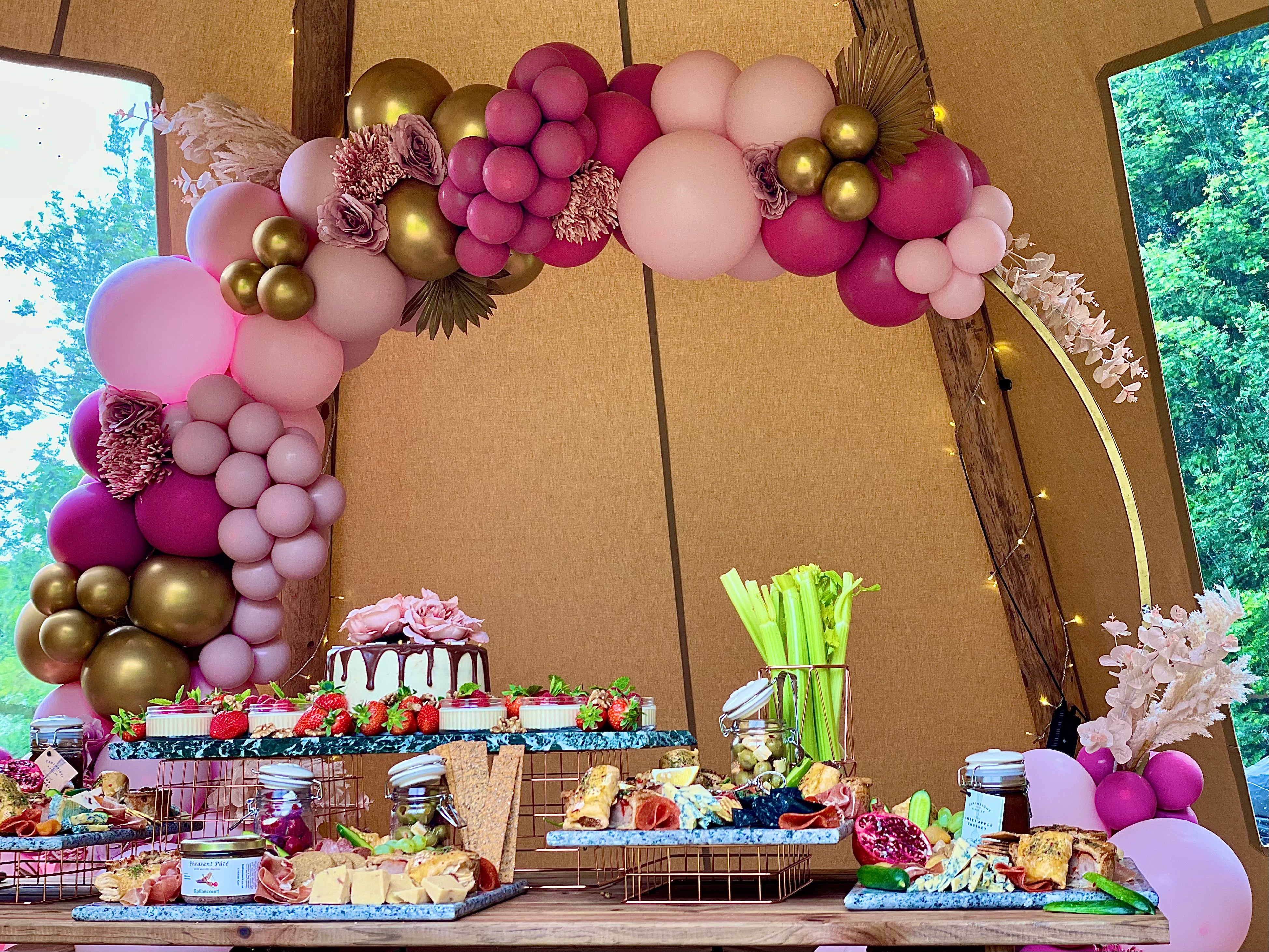 Tipi Event Package with Grazing Table, Balloon Arch & Celebration Cake - for 20 people