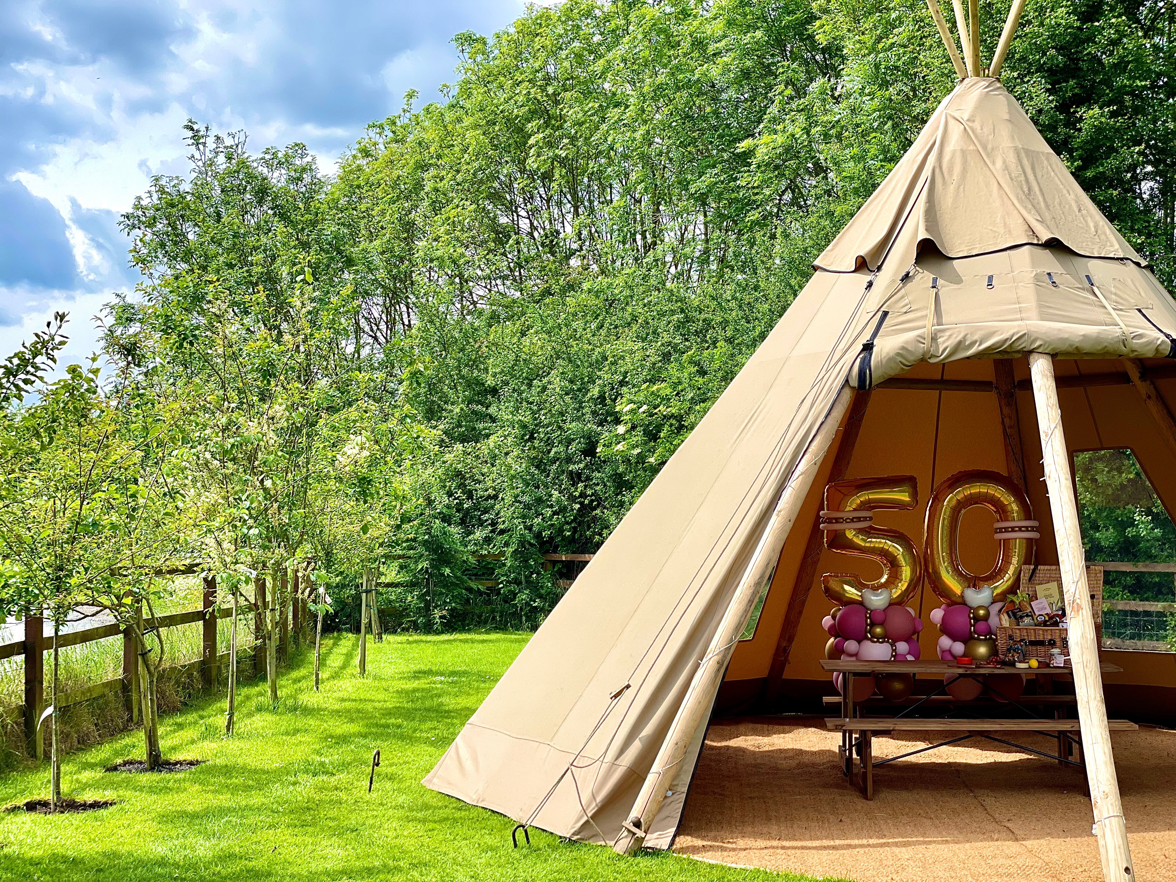 Tipi Event Package with Picnic Hamper, Balloon Stacks & Celebration Cake - for up to 20 people